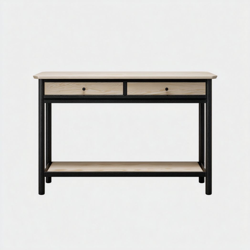 Stolik konsolowy z dwiema szufladami i półką dolną, korpus z drewna sosnowego i rama stalowa-Tampa Furniture