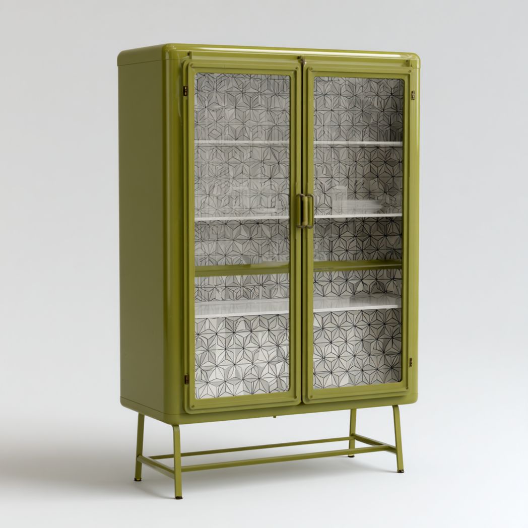 Metalowa witryna z przeszklonymi drzwiami i półkami, oliwkowa 80x40x160 cm-Connell Furniture