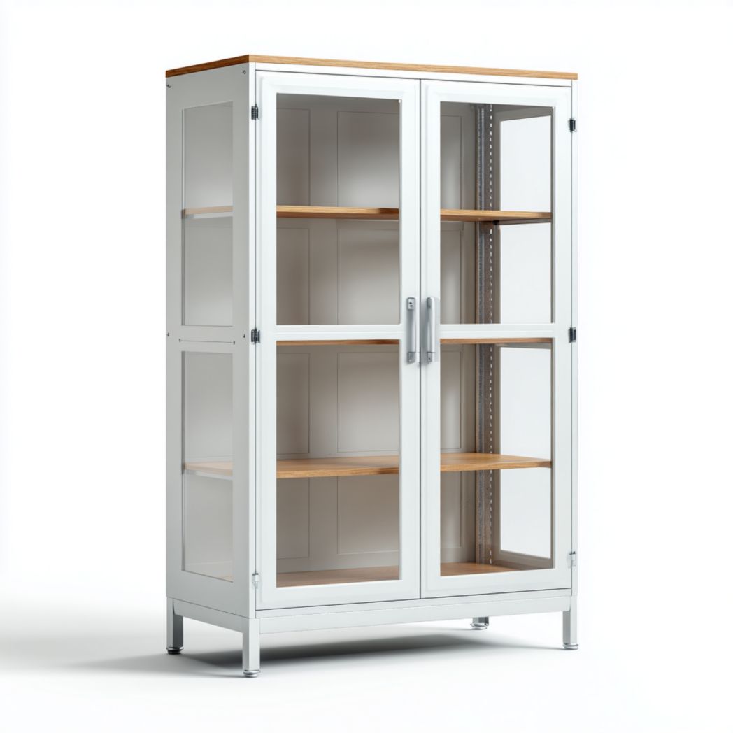 Metalowa witryna z dębowym blatem i przeszklonymi drzwiami, biało-brązowa 90x40x150 cm-Connell Furniture