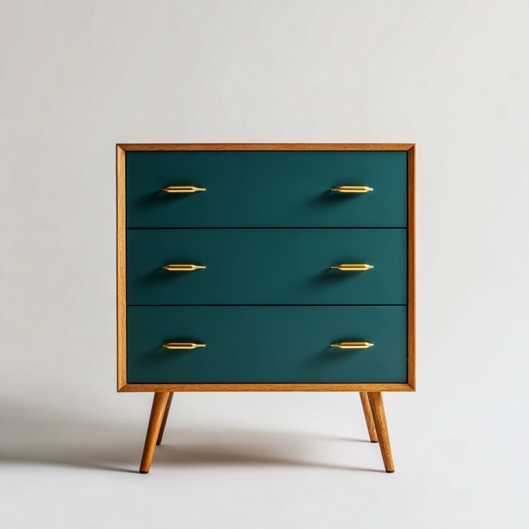 Komoda z 3 szufladami, lite drewno dębowe i metalowe uchwyty, ciemnozielono-brązowa-Connell Furniture