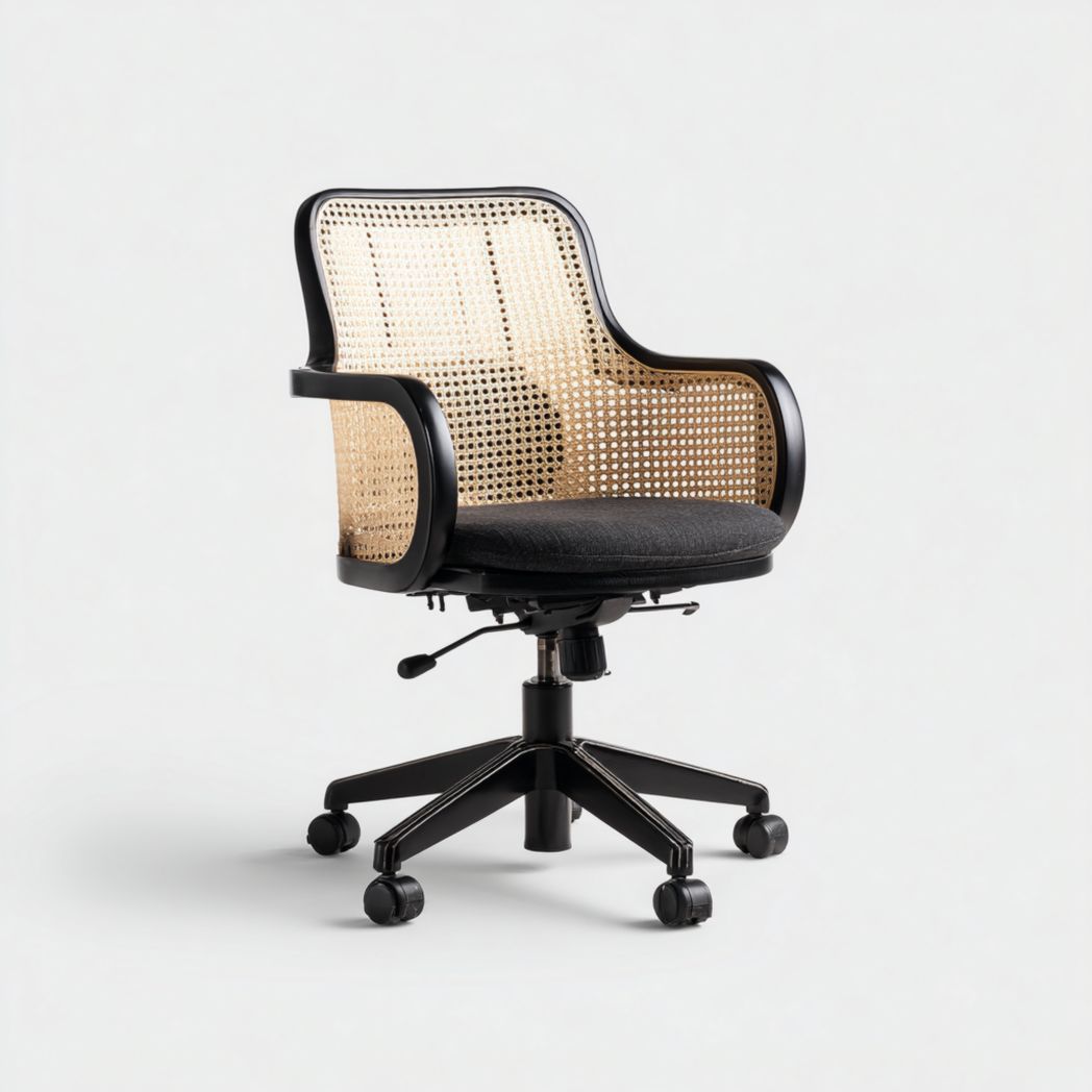 Obrotowe krzesło biurowe z rattanu drewna i tkaniny na kółkach-Connell Furniture