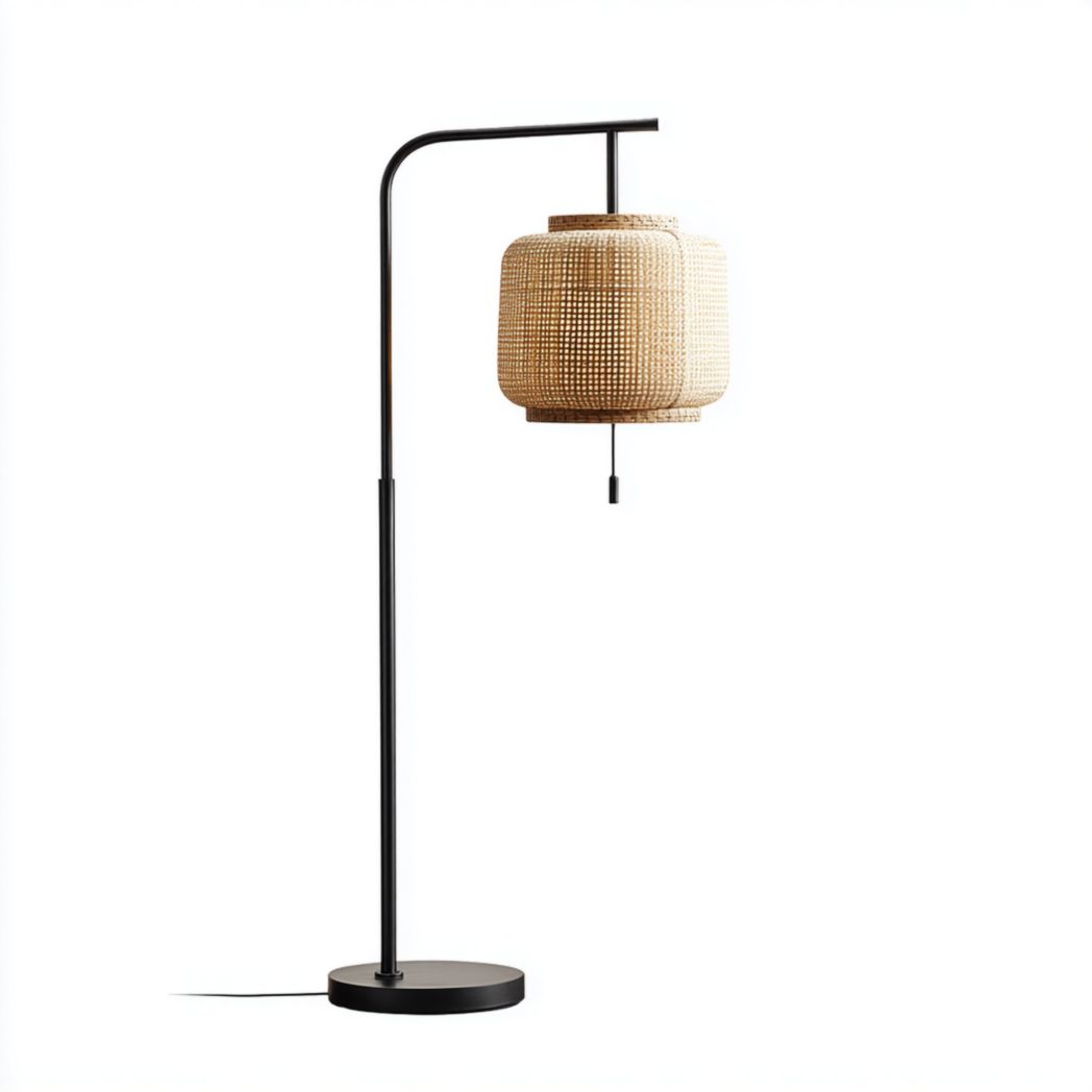 Lampa Podłogowa Metalowa Czarna z Plecionym Kloszem Bambusowym-Connell Furniture
