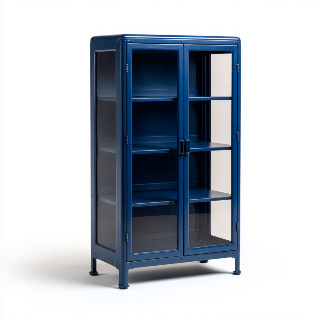 Witryna wysoka z 2 drzwiami, stal i szkło hartowane, niebieska-Connell Furniture