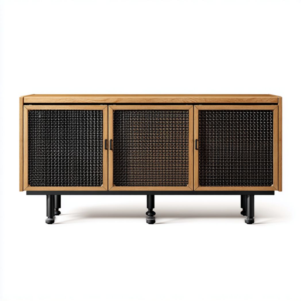 Komoda z 3 drzwiami, płyta wiórowa i stal, splot polimerowy, kolor dębu i czarny-Connell Furniture