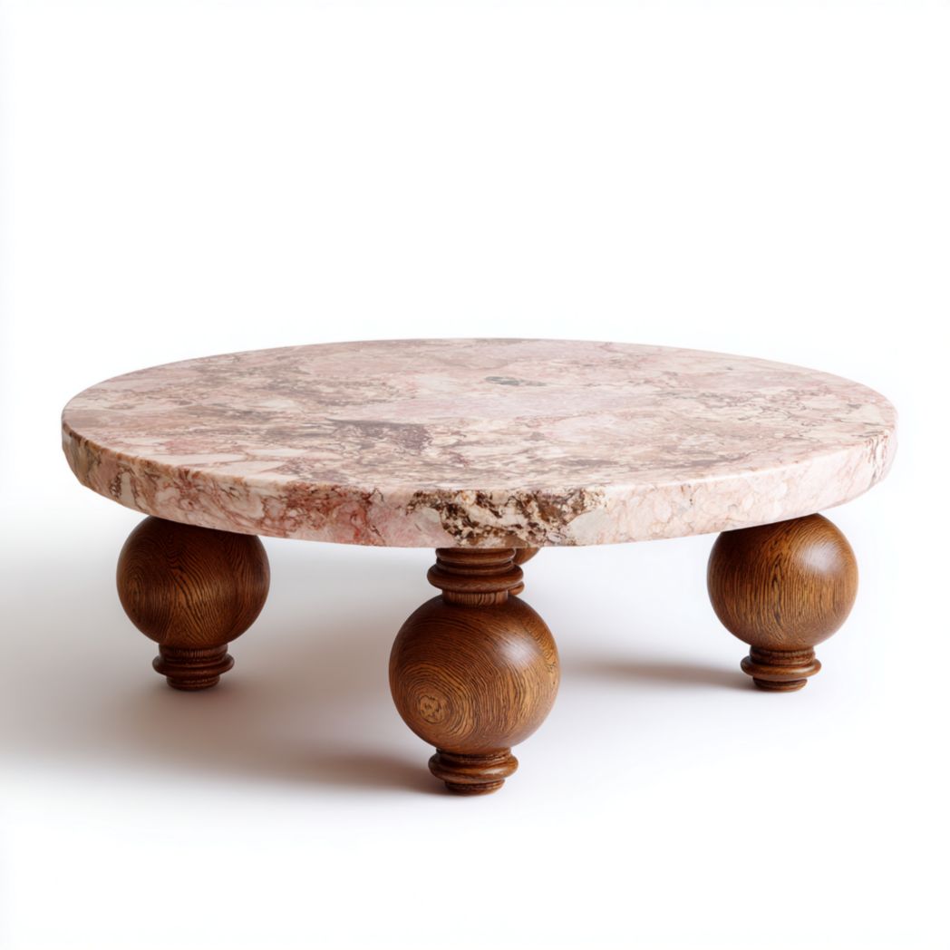 Okrągły stolik kawowy z blatem z marmuru i nogami z drewna dębowego-Connell Furniture
