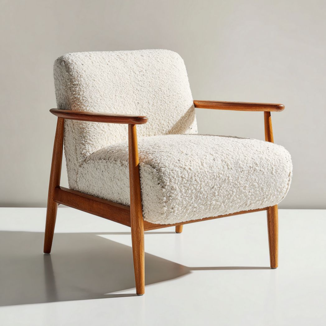 Fotel tapicerowany tkaniną boucle z dębowymi podłokietnikami i nogami-Connell Furniture