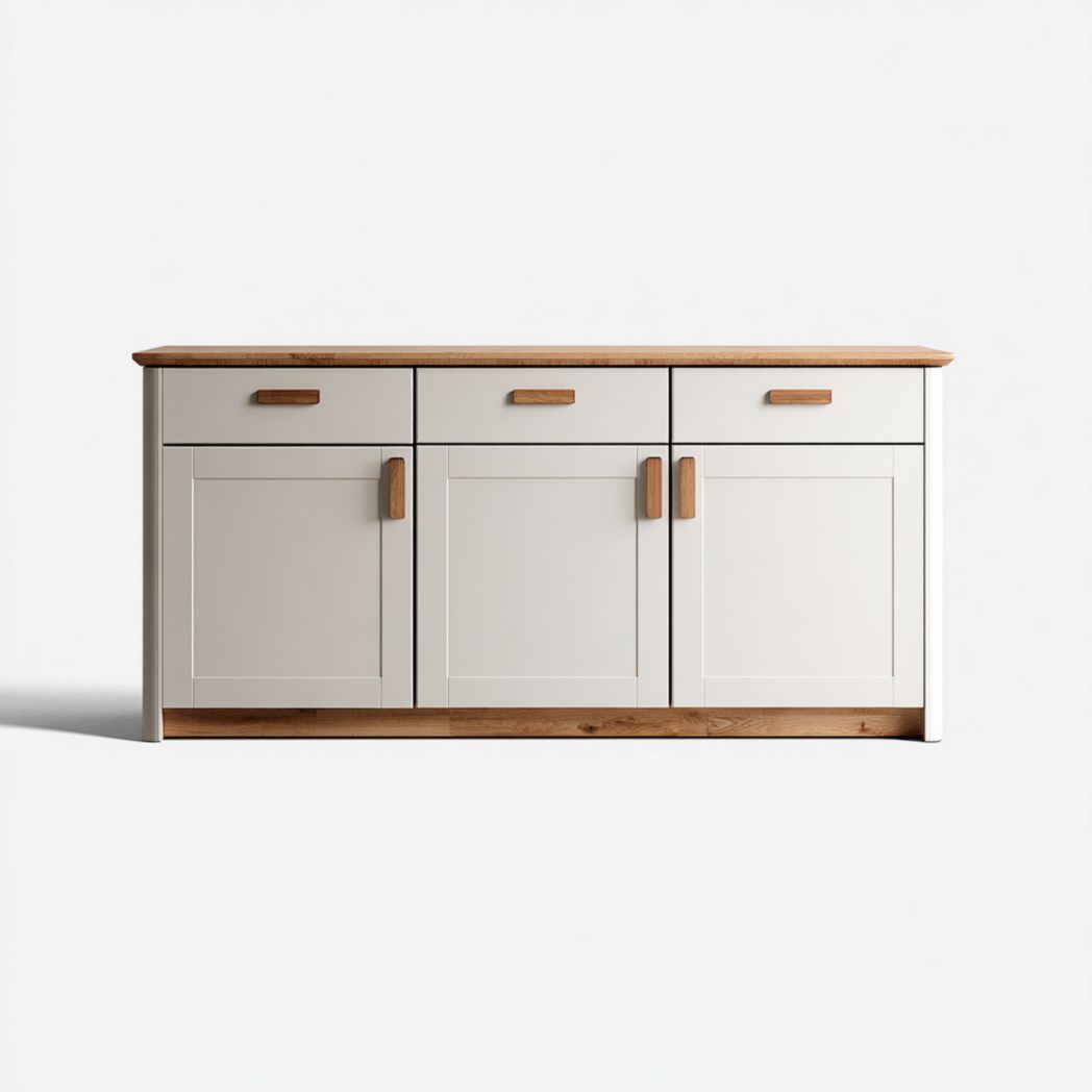 Komoda z 3 drzwiami i 3 szufladami, biały korpus i drewniany blat, drewniane uchwyty-Connell Furniture