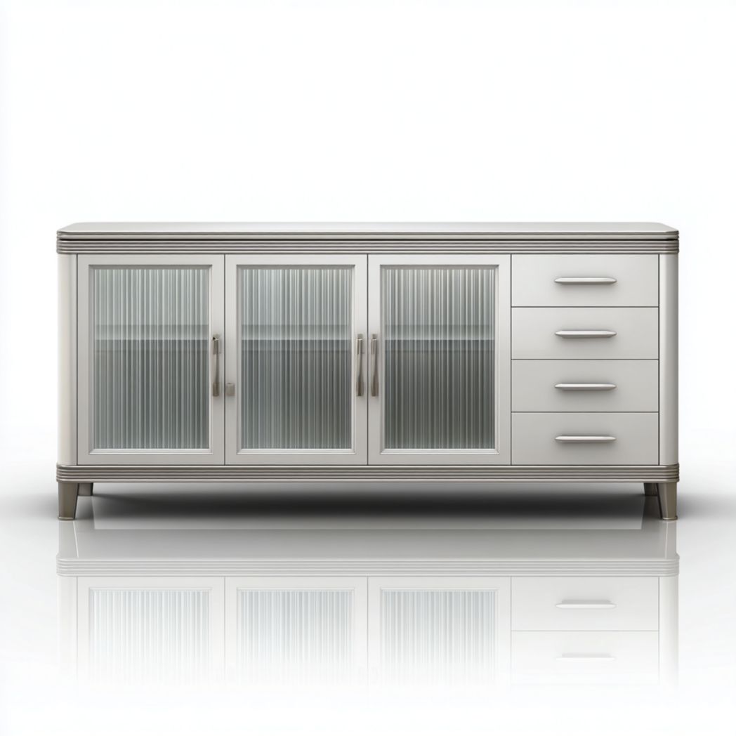 Komoda biała z 3 przeszklonymi drzwiami i 4 szufladami stal nierdzewna szkło hartowane ryflowane płyta wiórowa-Connell Furniture