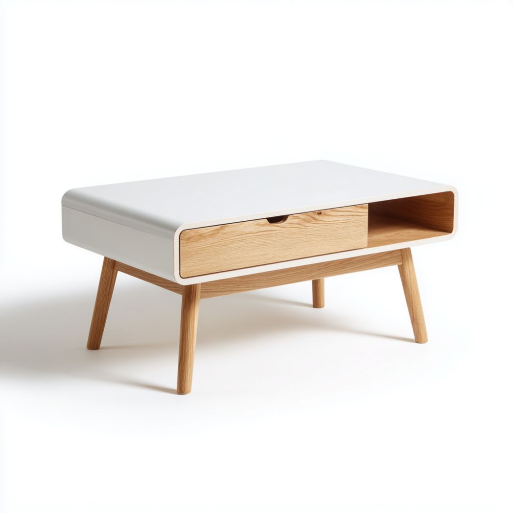 Stolik kawowy z szufladą i półką, biały blat i nogi z drewna dębowego-Pontual Furniture