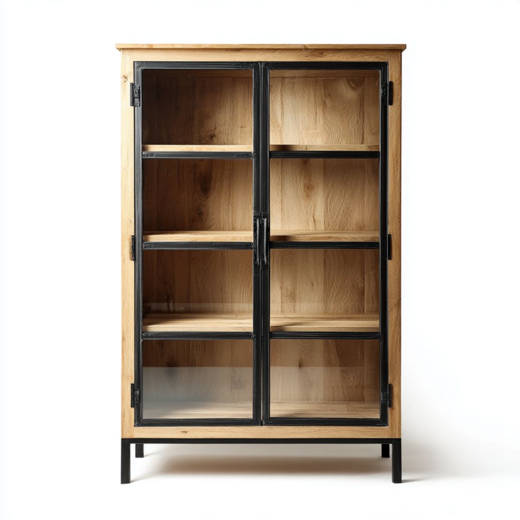 Witryna dębowa z przeszklonymi drzwiami w metalowych ramkach i półkami, 90x40x160 cm-Pontual Furniture
