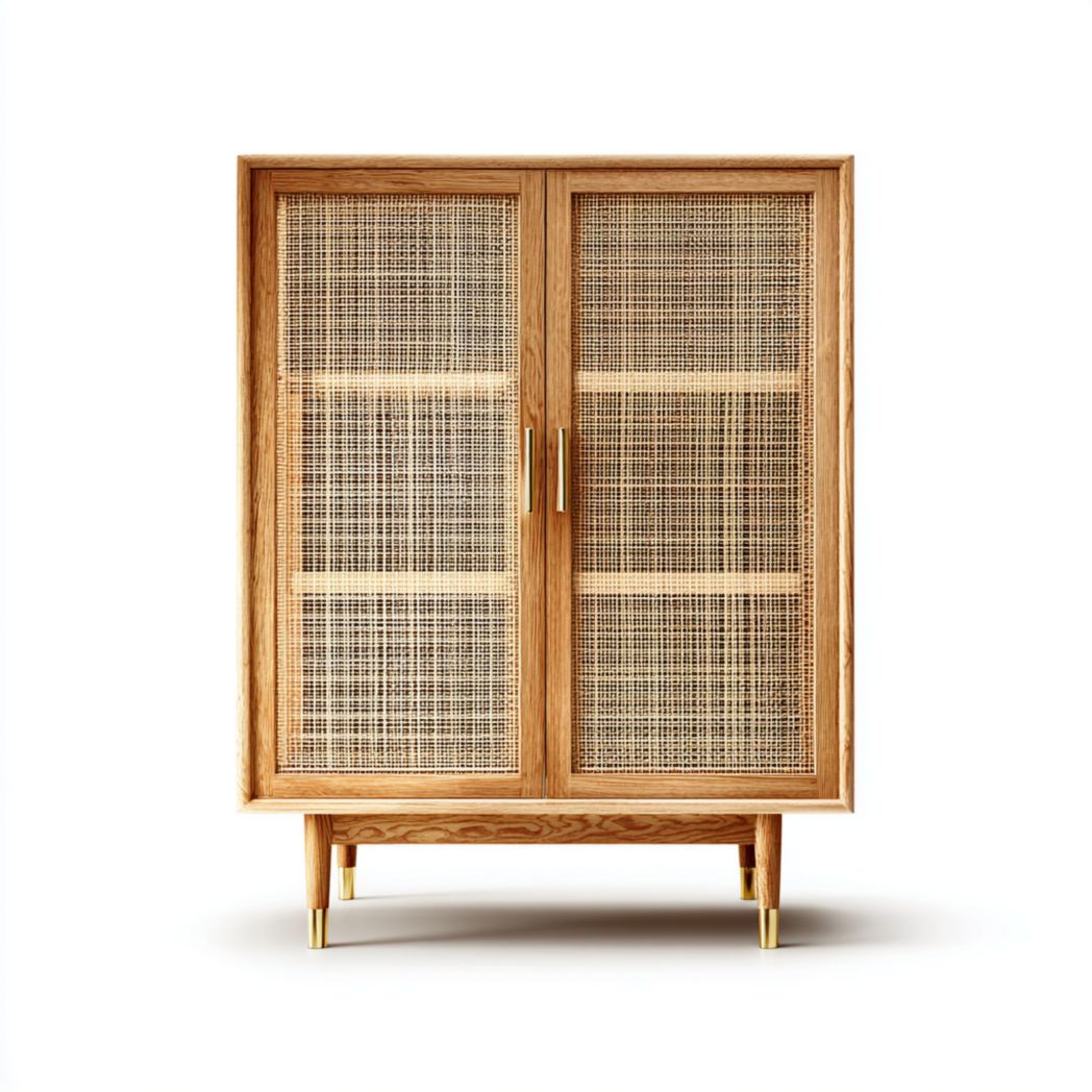 Szafka dębowa z drzwiami z plecionki rattanowej i metalowymi nogami, 90x40x120 cm-Pontual Furniture