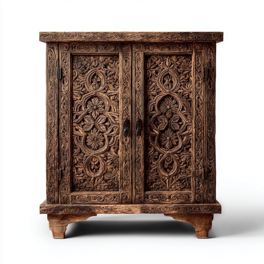 Szafka z drewna mangowca z rzeźbionymi frontami, dwudrzwiowa komoda-Pontual Furniture