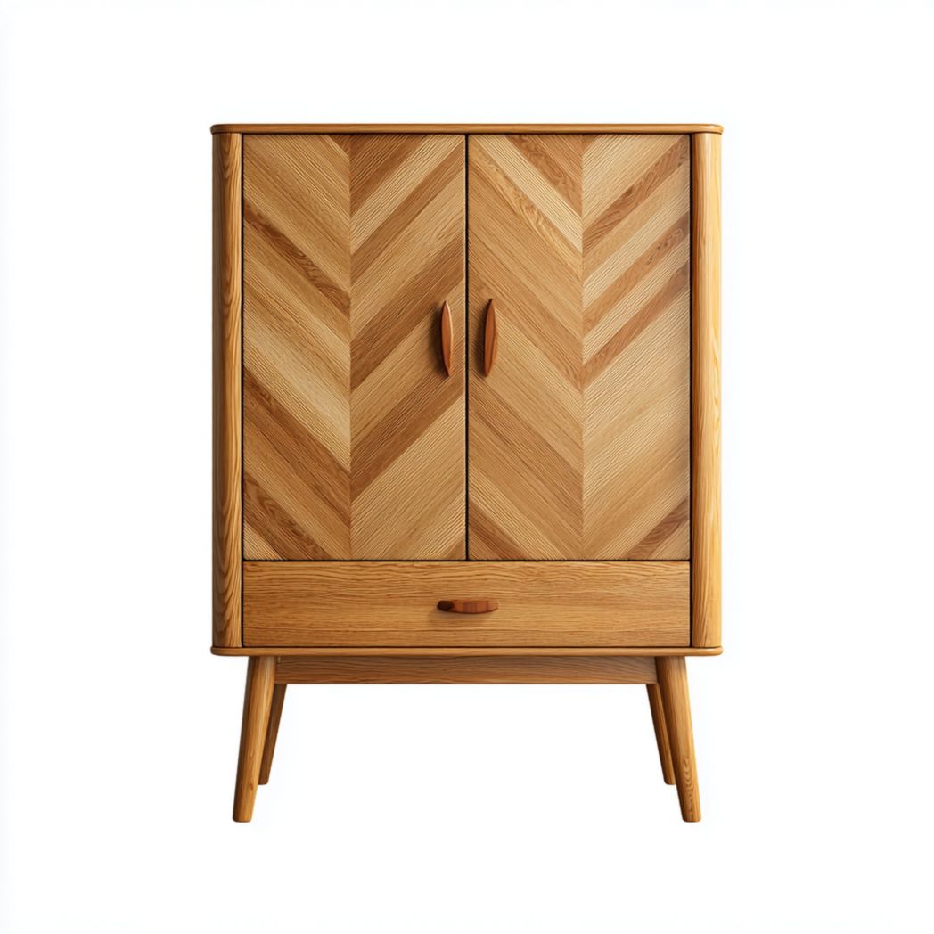 Szafka z drewna jesionowego z frontami w jodełkę, dwudrzwiowa komoda z szufladą-Pontual Furniture