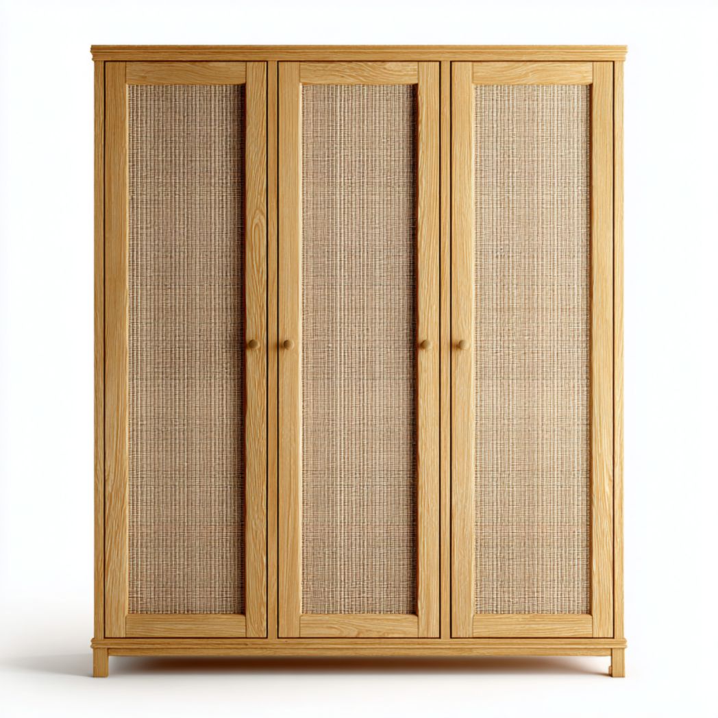 Szafa z drewna dębowego i rattanowej plecionki, trzydrzwiowa garderoba-Pontual Furniture