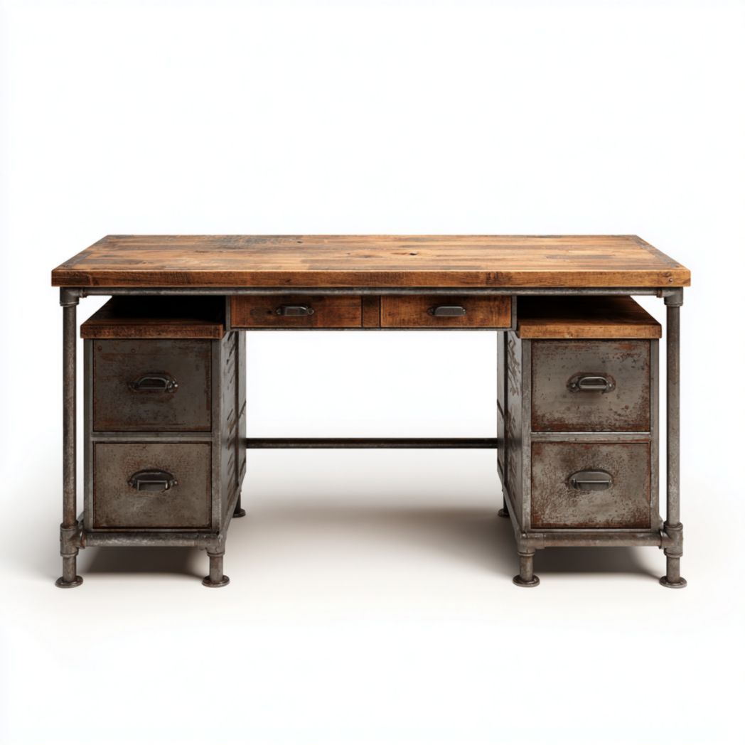 Biurko z 6 szufladami, lite drewno sosnowe i stalowa rama, brązowo-szare-Pontual Furniture