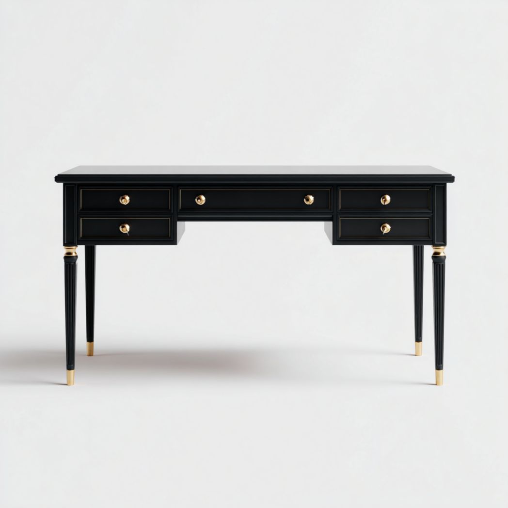 BIURKO Z LITEGO DREWNA BRZOZOWEGO Z 5 SZUFLADAMI I METALOWYMI ELEMENTAMI