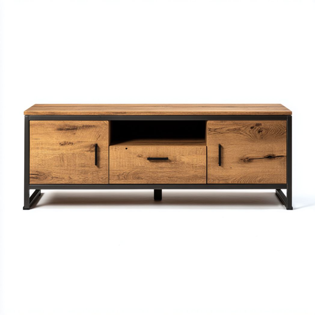 Stolik kawowy z szafkami i szufladą, korpus z drewna dębowego i stalowa rama-Pontual Furniture