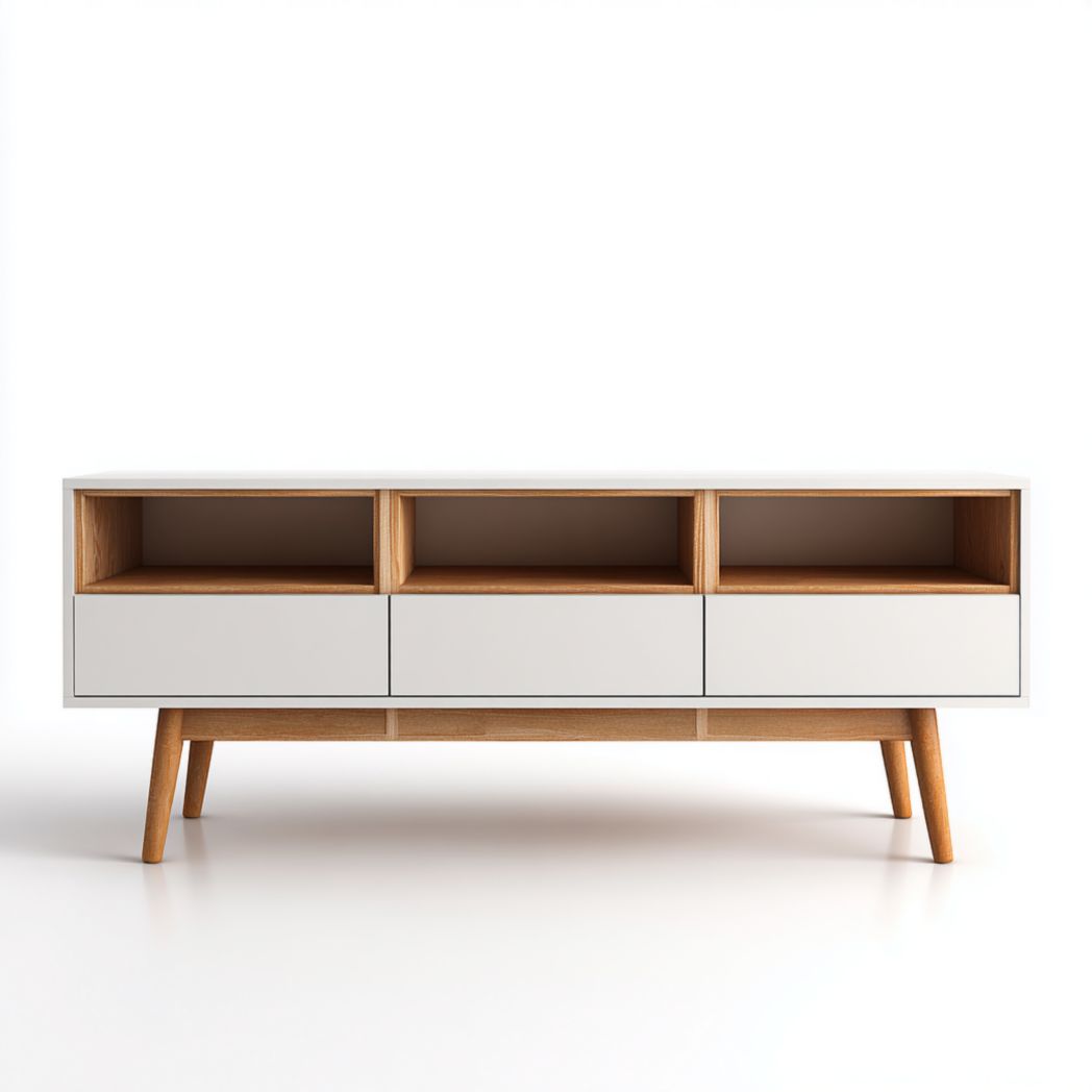 Szafka RTV z 3 szufladami i 3 otwartymi wnękami, płyta wiórowa, biały i dąb-Pontual Furniture