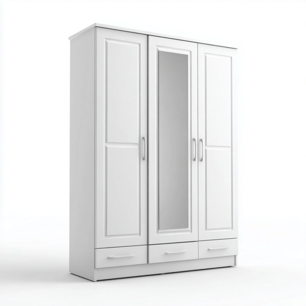 Szafa trzydrzwiowa z lustrem i trzema szufladami, biała szafa z litego drewna sosnowego-Pontual Furniture