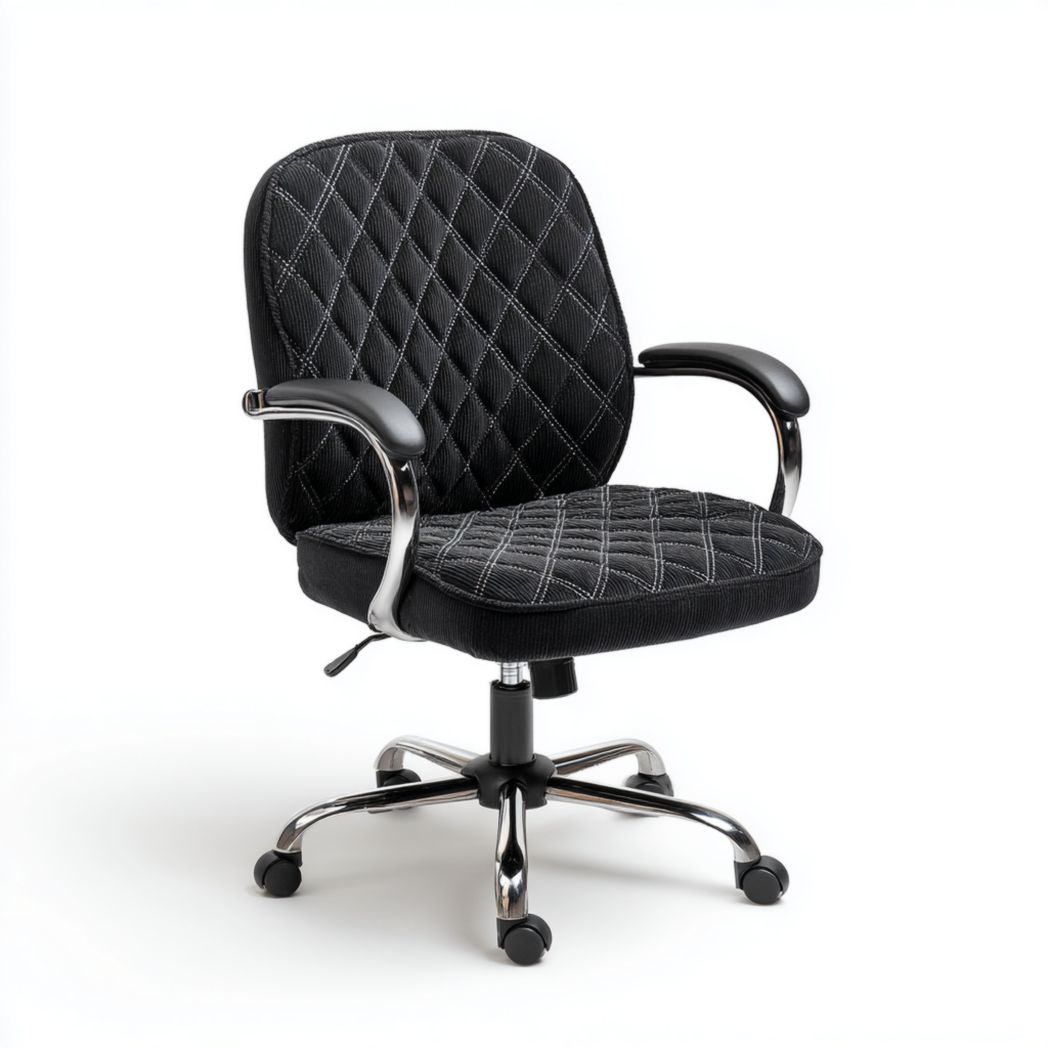 Czarne obrotowe krzesło biurowe z pikowanej tkaniny poliestrowej i chromowanej stali-Pontual Furniture