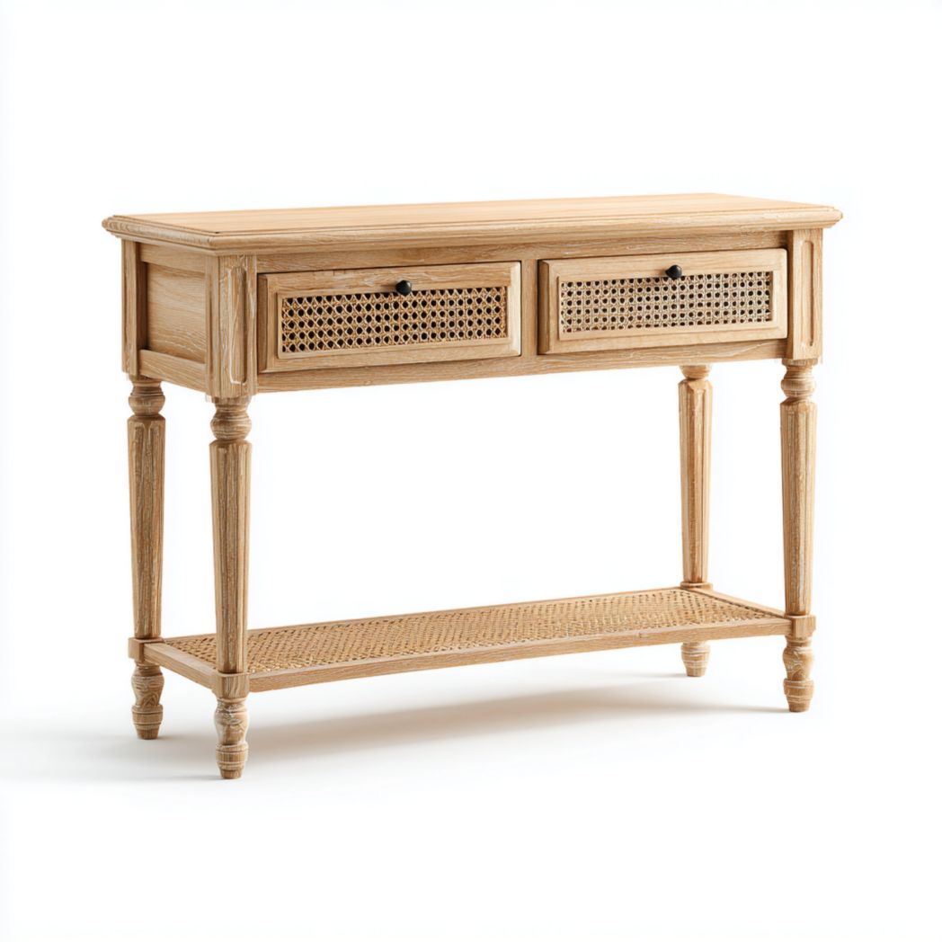 Konsola z 2 szufladami i półką, drewno dębowe, rattan PE, kolor naturalny-Pontual Furniture