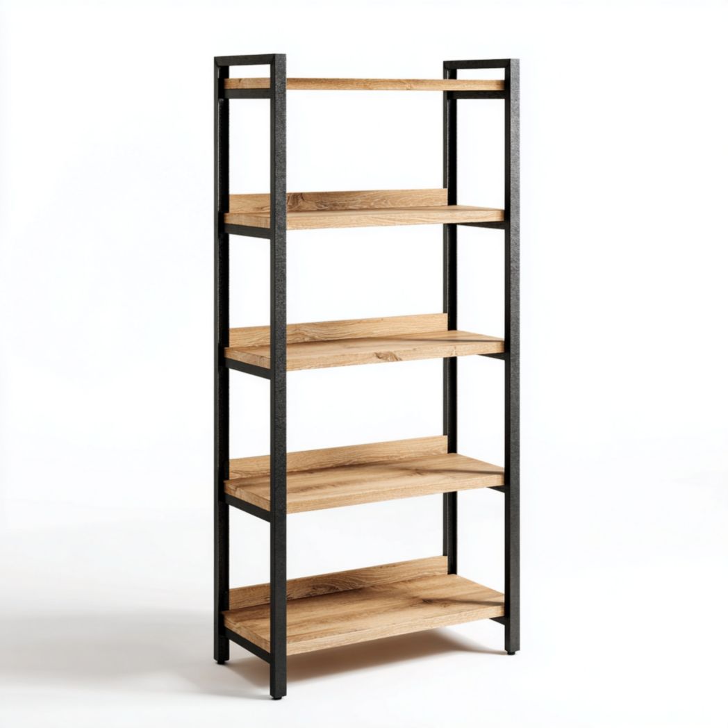 Regał 5-półkowy, drewno dębowe, stal, kolor naturalny i czarny-Pontual Furniture