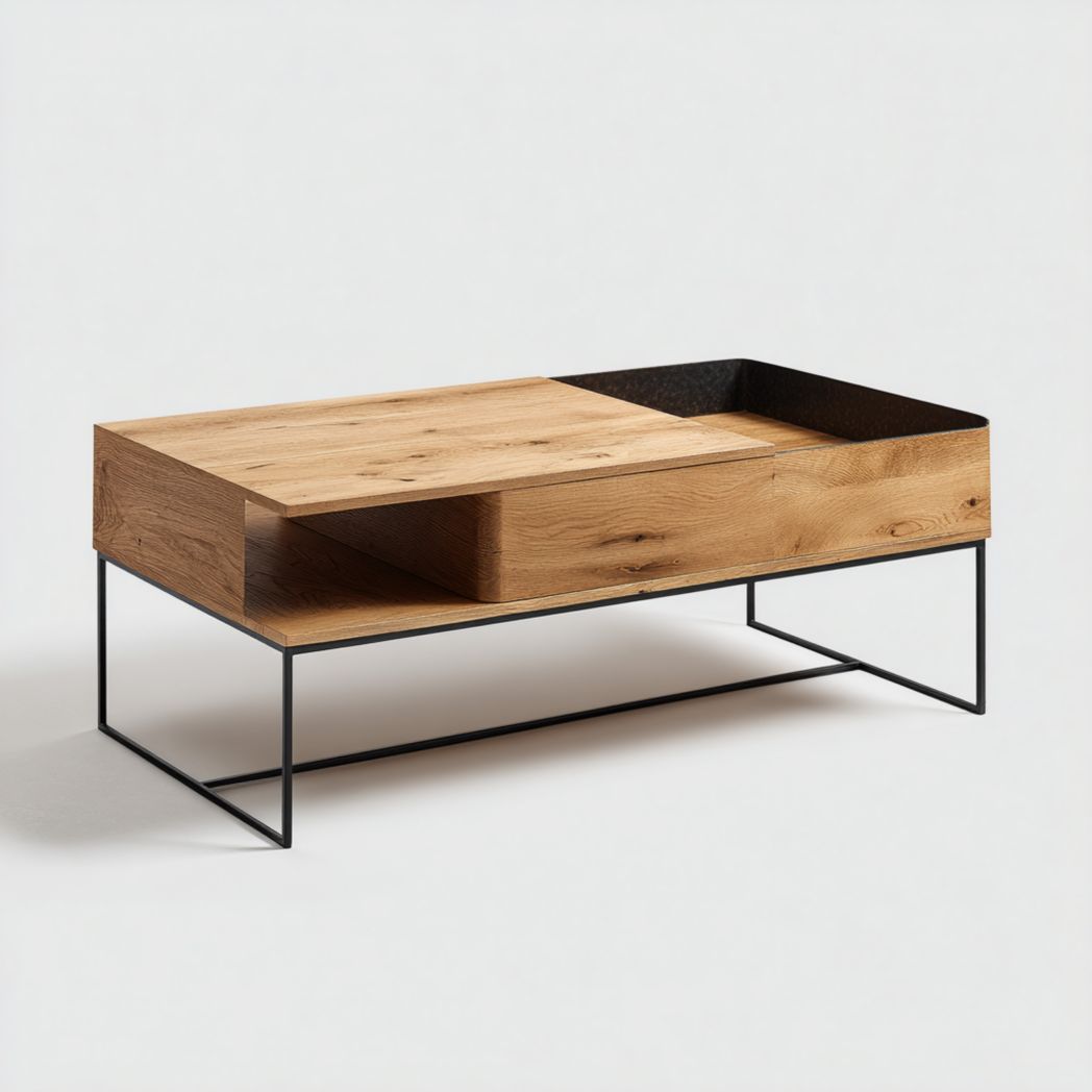 Stolik kawowy prostokątny z przesuwaną półką, blat i korpus z drewna dębowego, stalowa rama-Pontual Furniture
