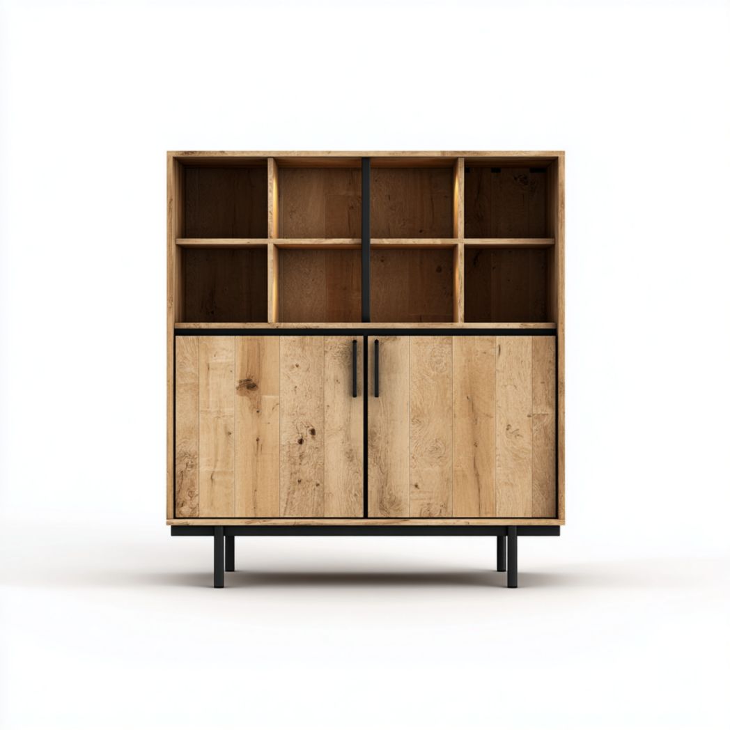 Regał z 2 drzwiami i 6 otwartymi półkami, dąb i czarny metal-Pontual Furniture