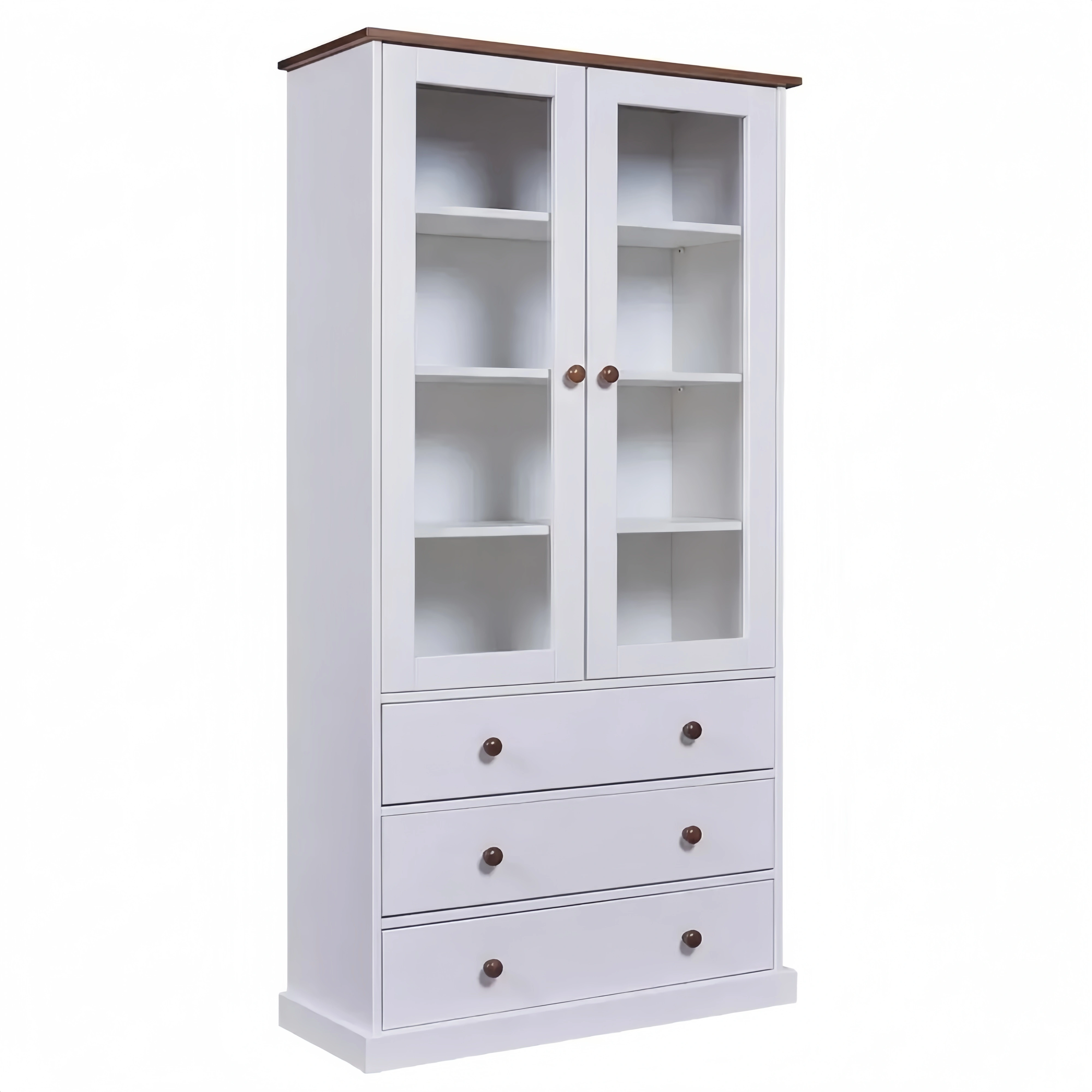 Eleganter Landhaus-Vitrinenschrank aus Massivholz mit 2 Türen und 3 Schubladen, 90x190x38 cm, weiß