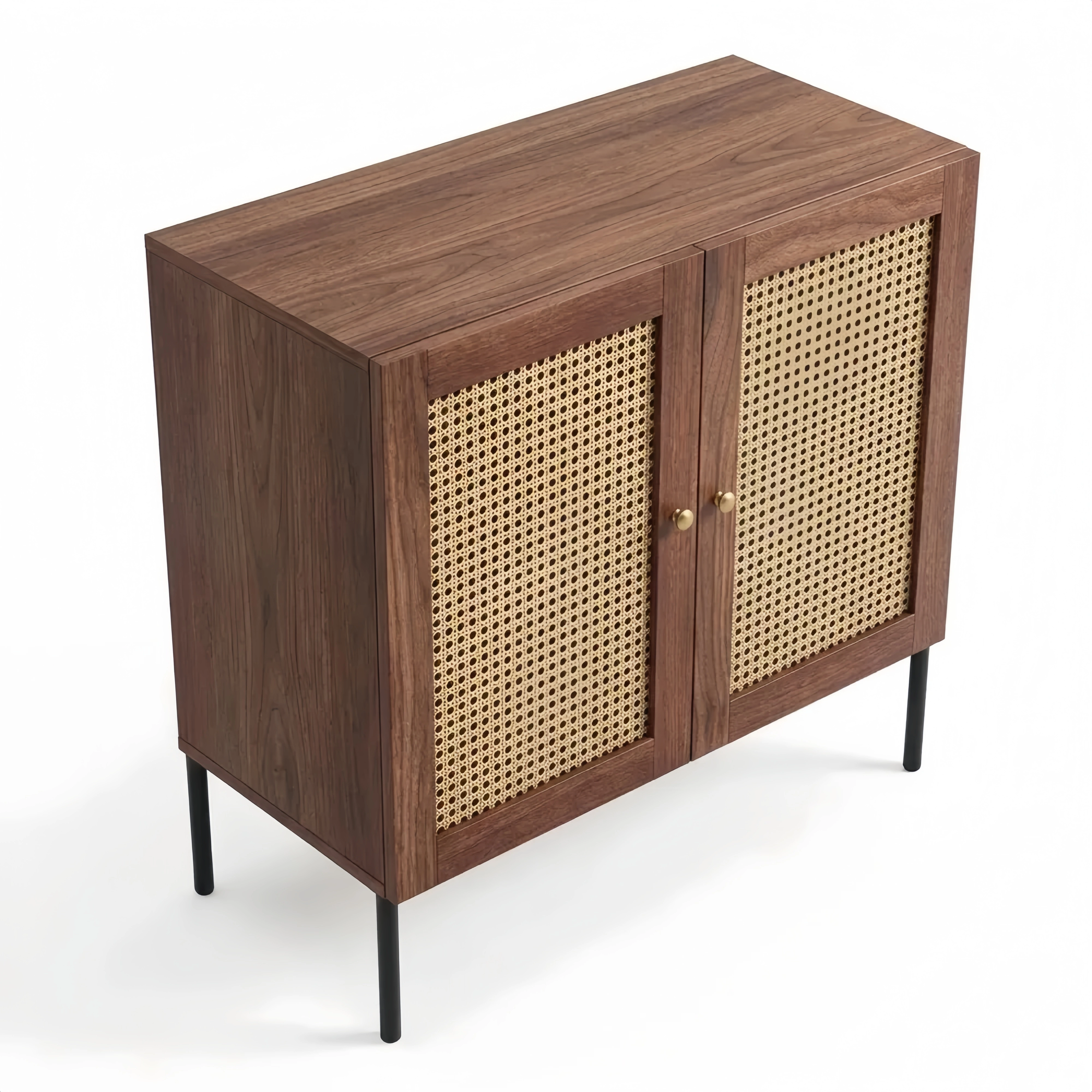 Küchenschrank mit verstellbaren Fächern und Türen, Holz & Rattan Material, 80x40x80 cm, Braun