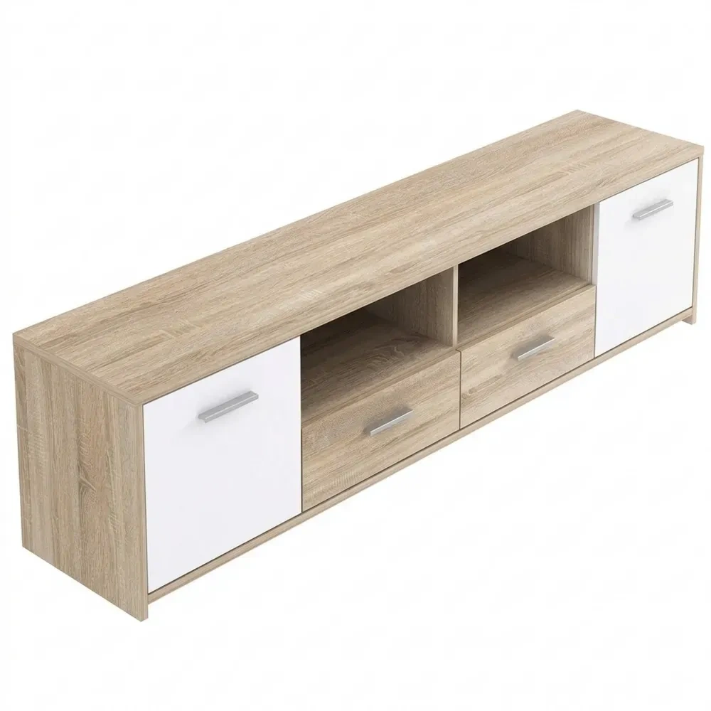Moderner TV-Schrank mit Türen und Schubladen, Holzoptik Eiche und Weiß