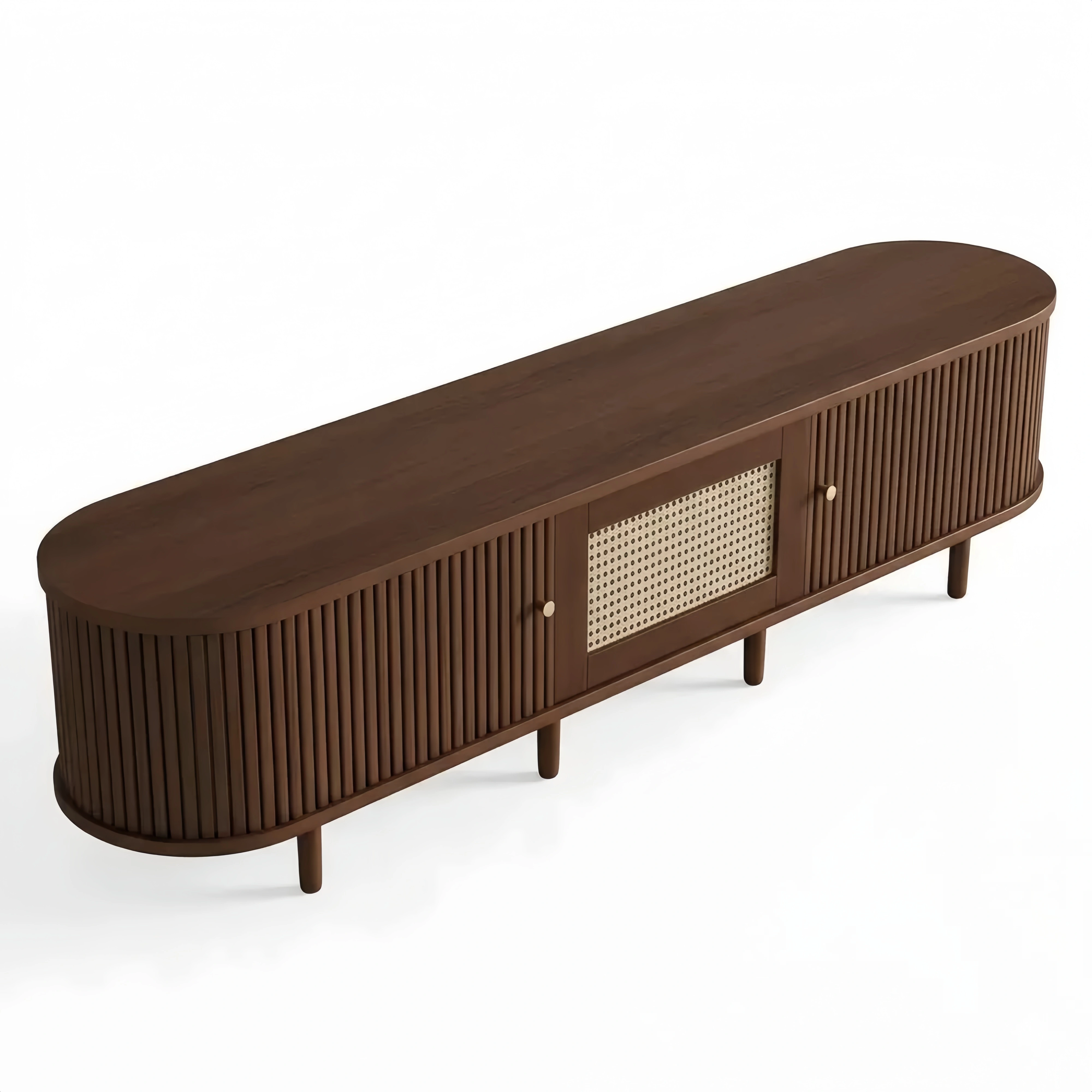 Fernsehtisch in Dunkel Nussbaum mit Rattanelementen, Einstellbare Füße, 30 kg Tragkraft, 180x40x40cm