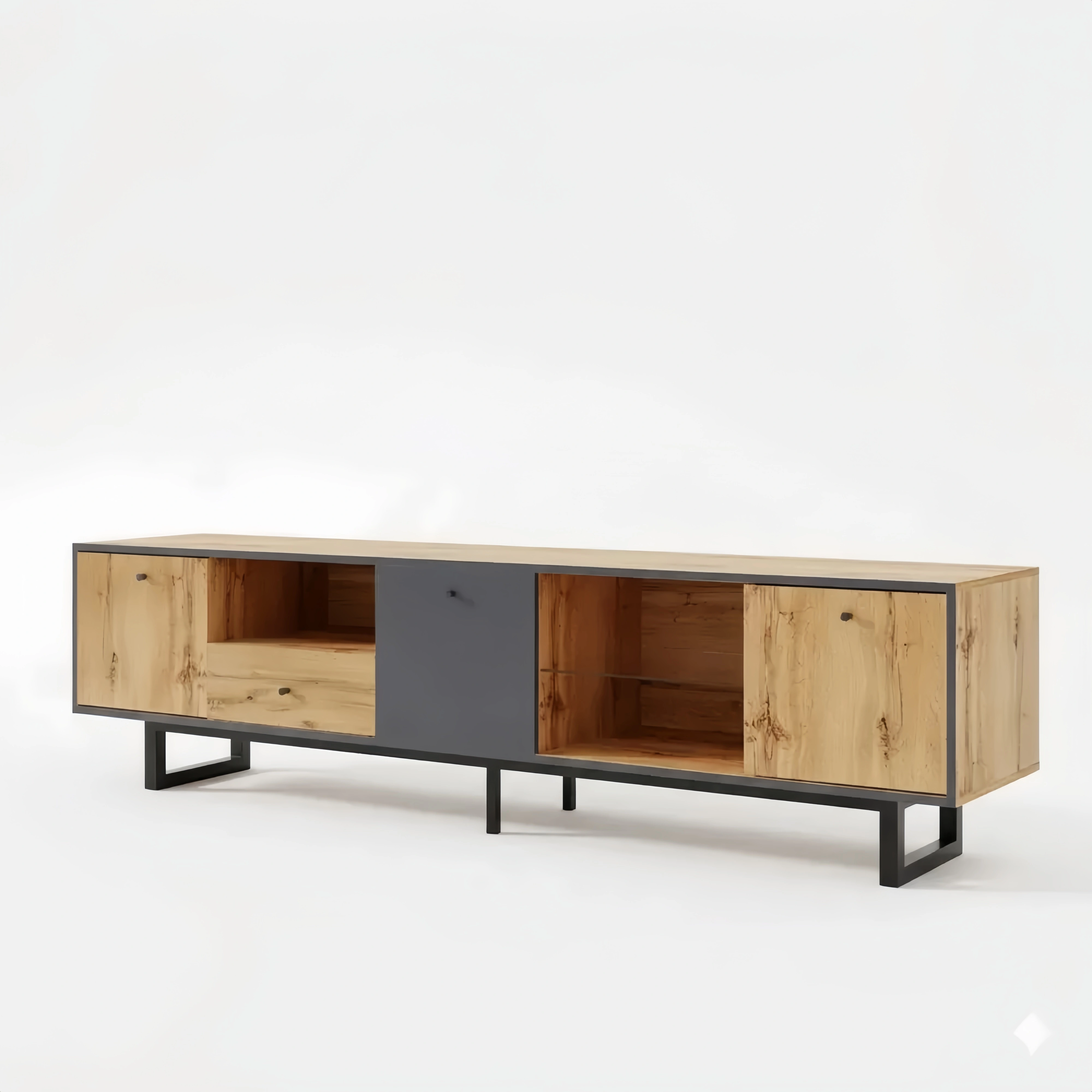 Moderner TV-Schrank mit LED-Beleuchtung, Glastrennwand & Schubladen