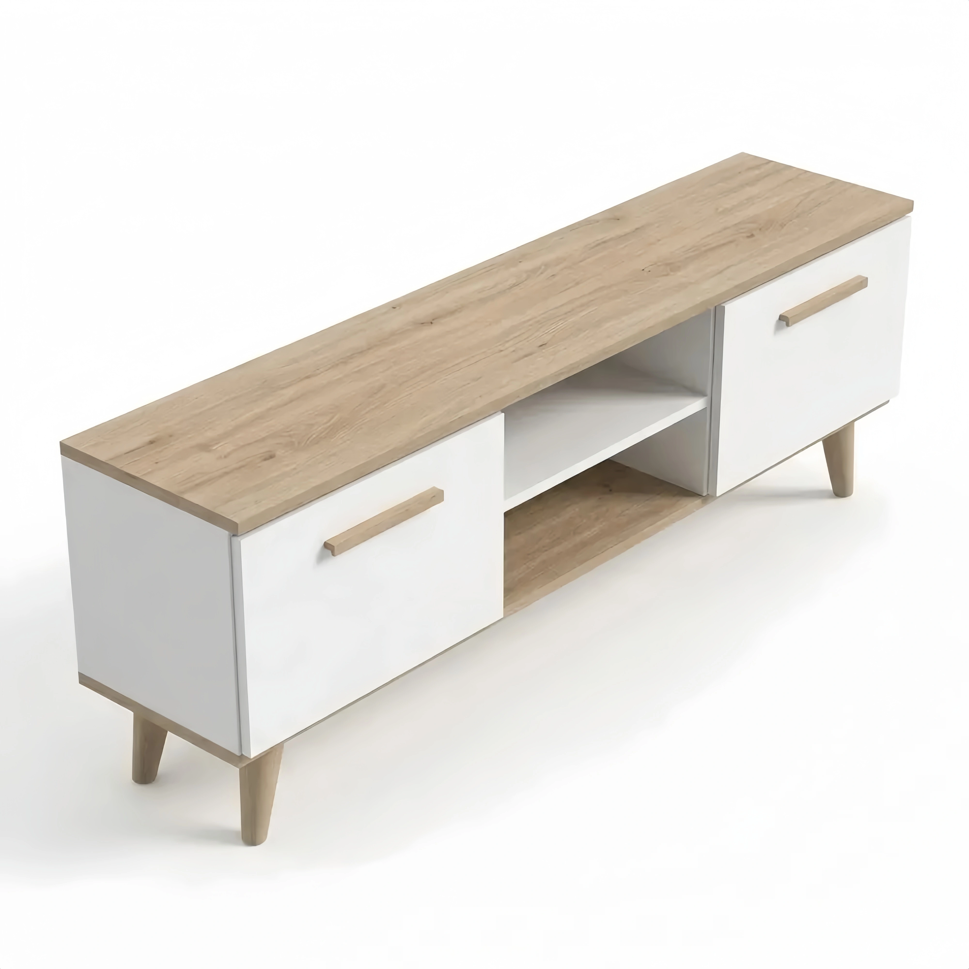 Moderner TV-Schrank im skandinavischen Stil, Weiß und Eiche, für Fernseher bis 70 Zoll, mit Türen und Regalfächern