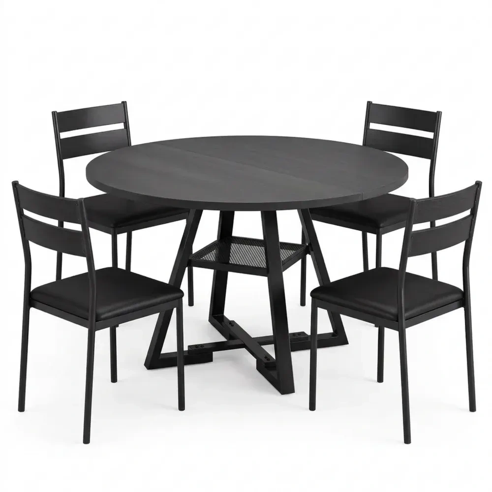 Runder Esstisch für 2–4 Personen, platzsparend, Industrial Design, Holz, Schwarz