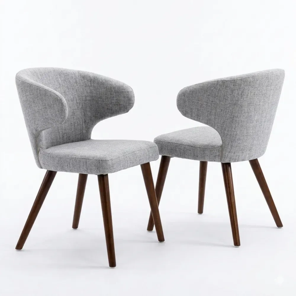 Moderner Leinenstuhl für Esszimmer mit Holzbeinen, 2er Set, Grau