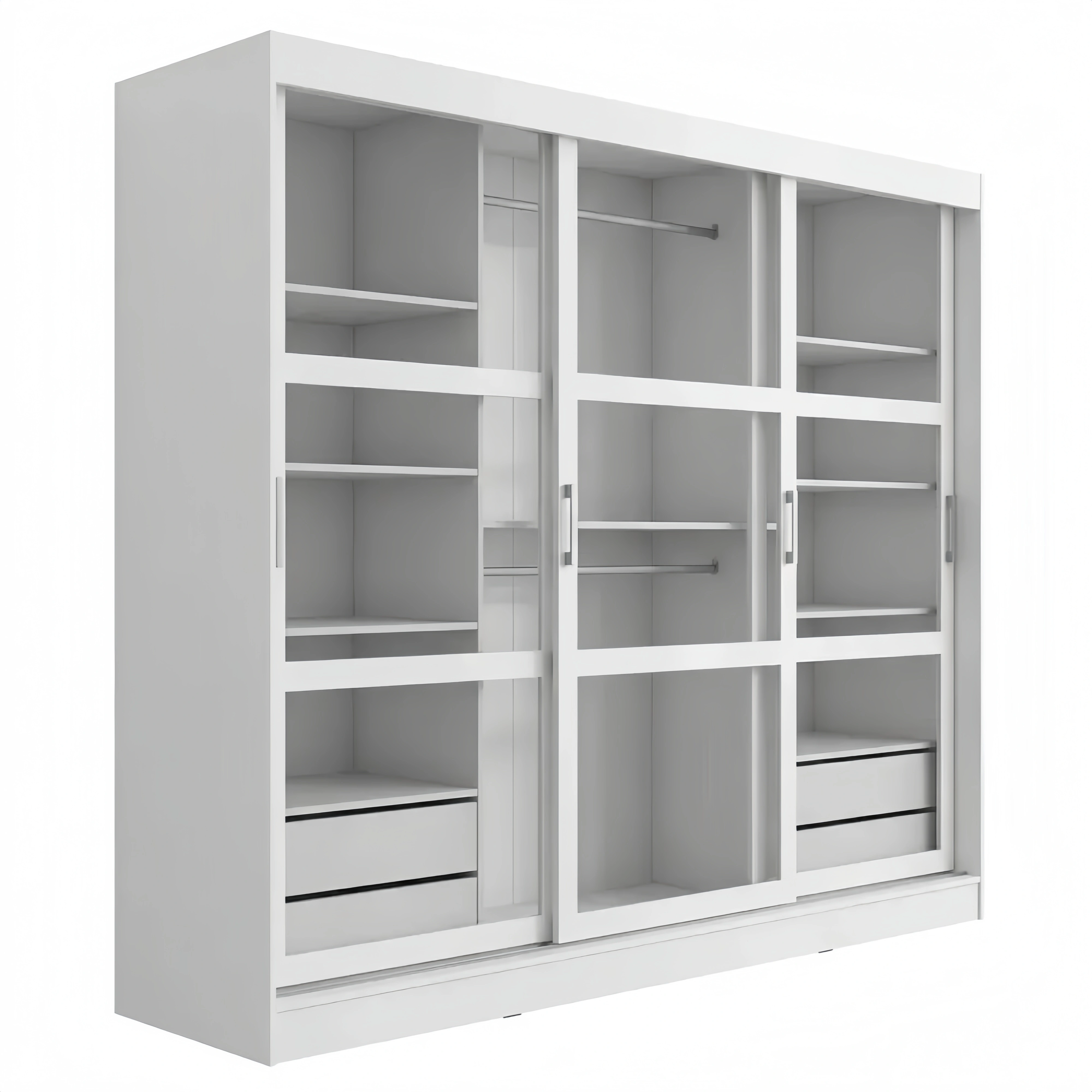 Schwebetürenschrank mit Rauchglastüren und Schubladen, Kleiderschrank mit Einlegeböden und Kleiderstange, Weiß