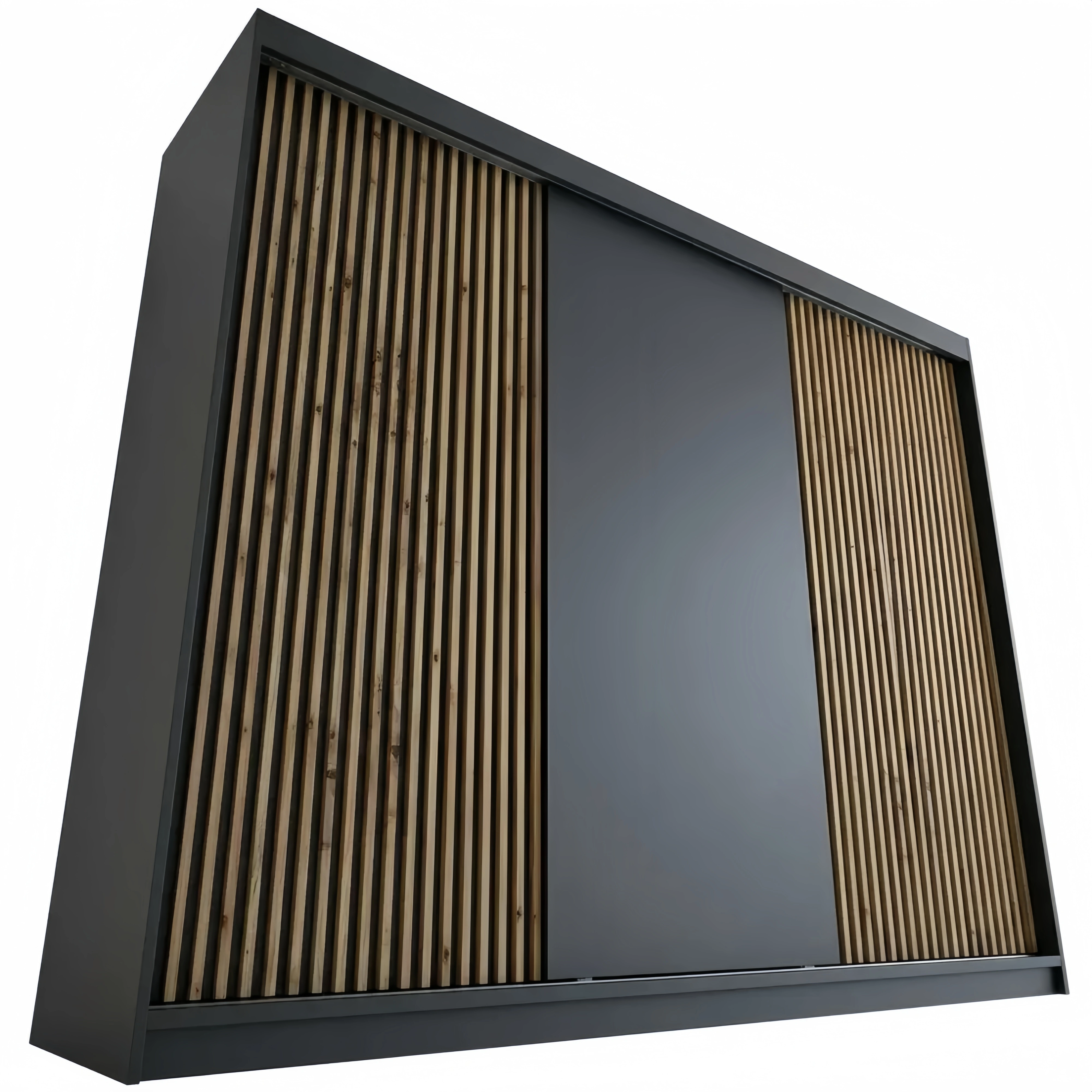 3-türiger Kleiderschrank mit Schubladen und 3D Lamellen, 200 cm, Schwarz