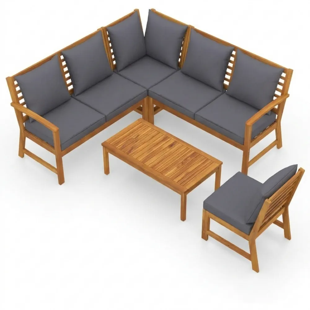 Massive Gartenmöbel aus Akazienholz, 5-teilig mit Kissen, Lounge Sitzgruppe