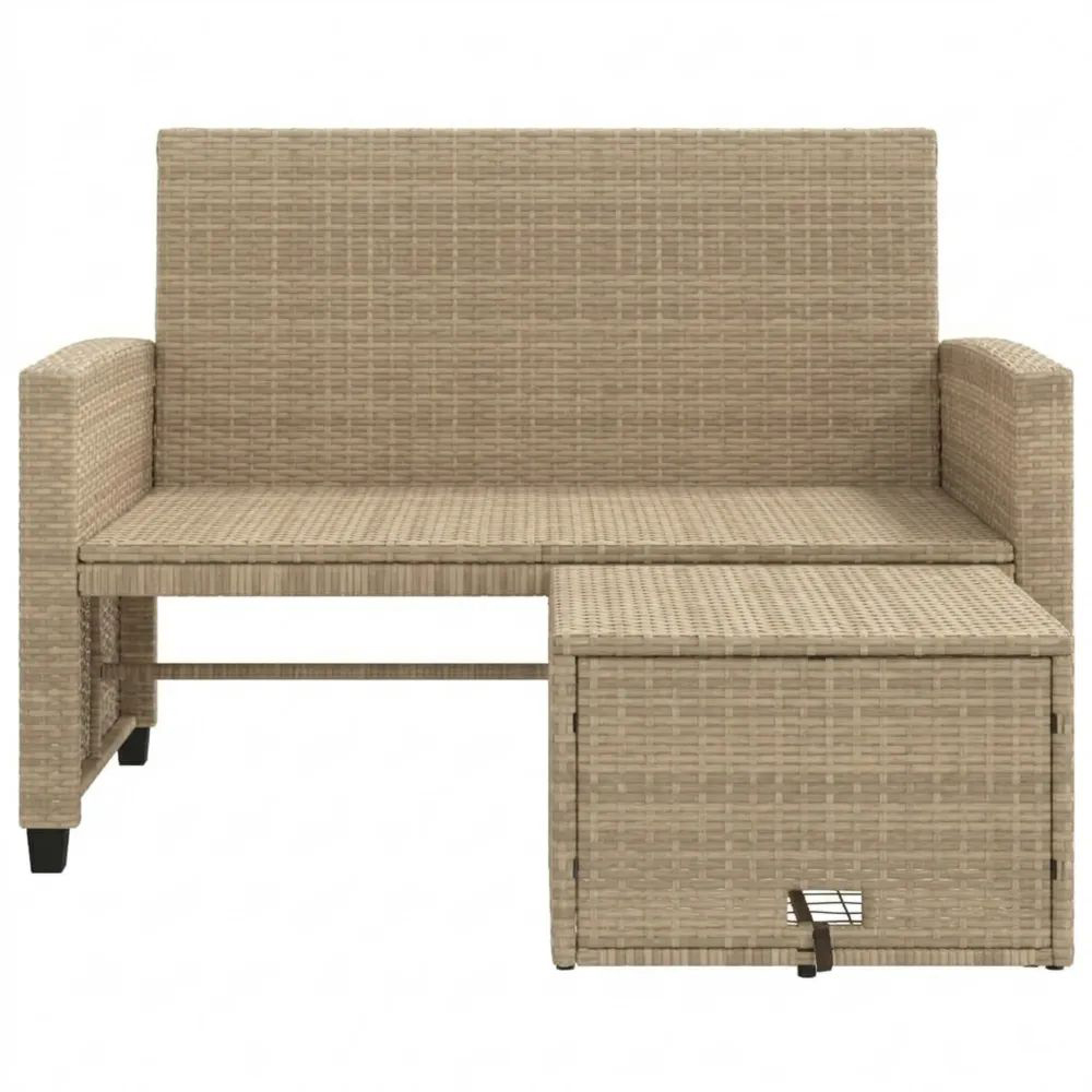 Outdoor-Sofa 2-Sitzer mit Hocker und Stauraum, abnehmbarer Bezug, Beige Poly Rattan