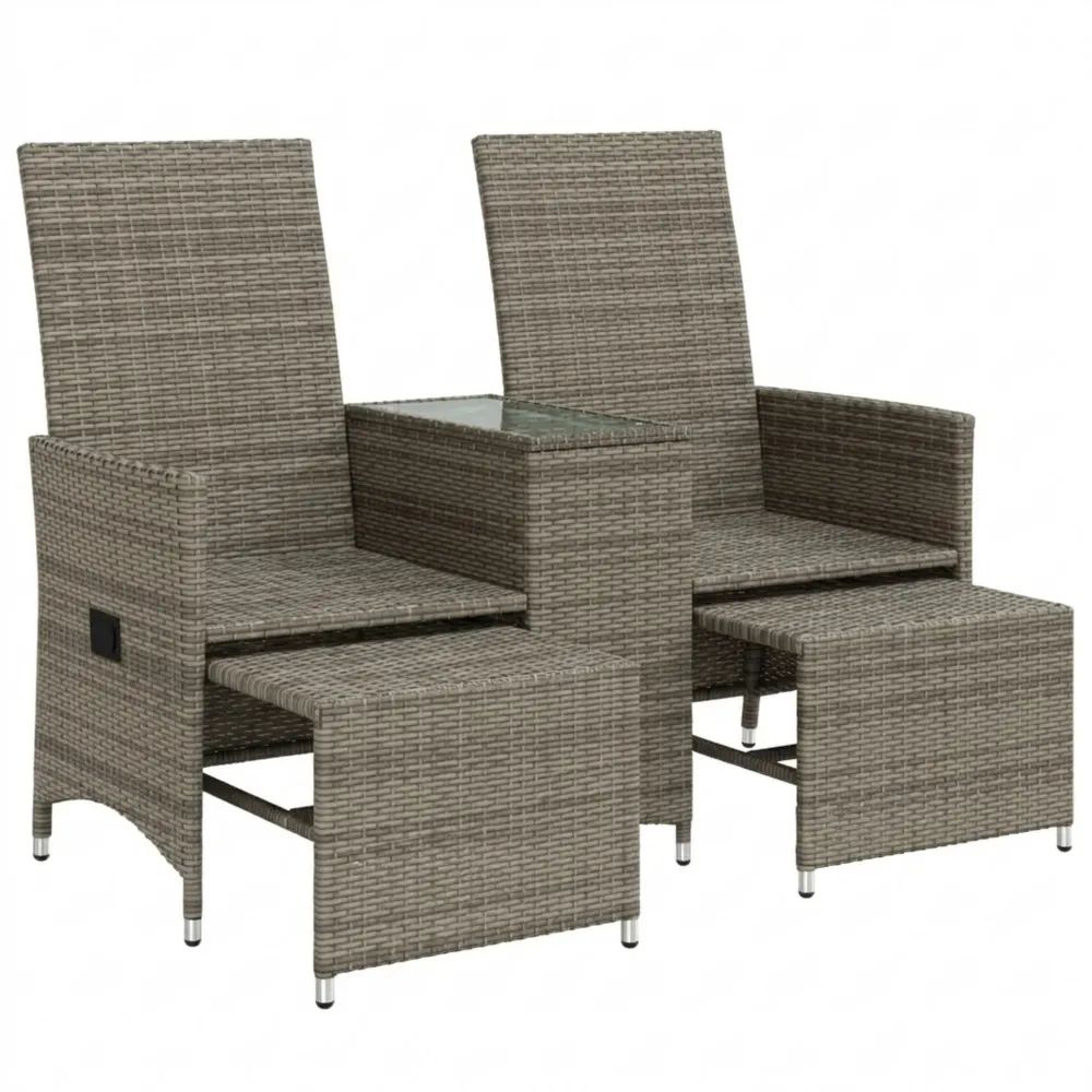 Verstellbares 2-Sitzer Gartensofa mit Tisch, Lounge Set für Terrasse, graues Poly Rattan