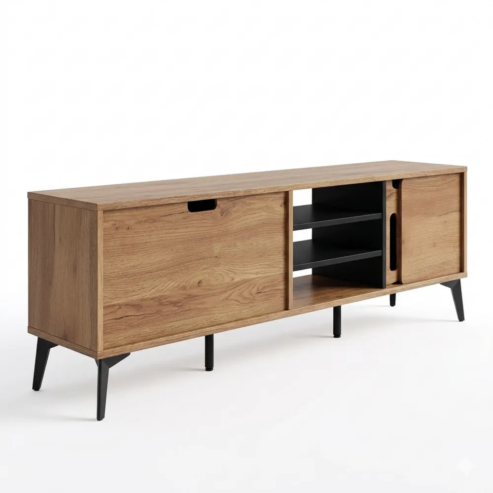 Rustikales TV-Möbel mit 3 Türen für Fernseher bis 85 Zoll, aus Eiche