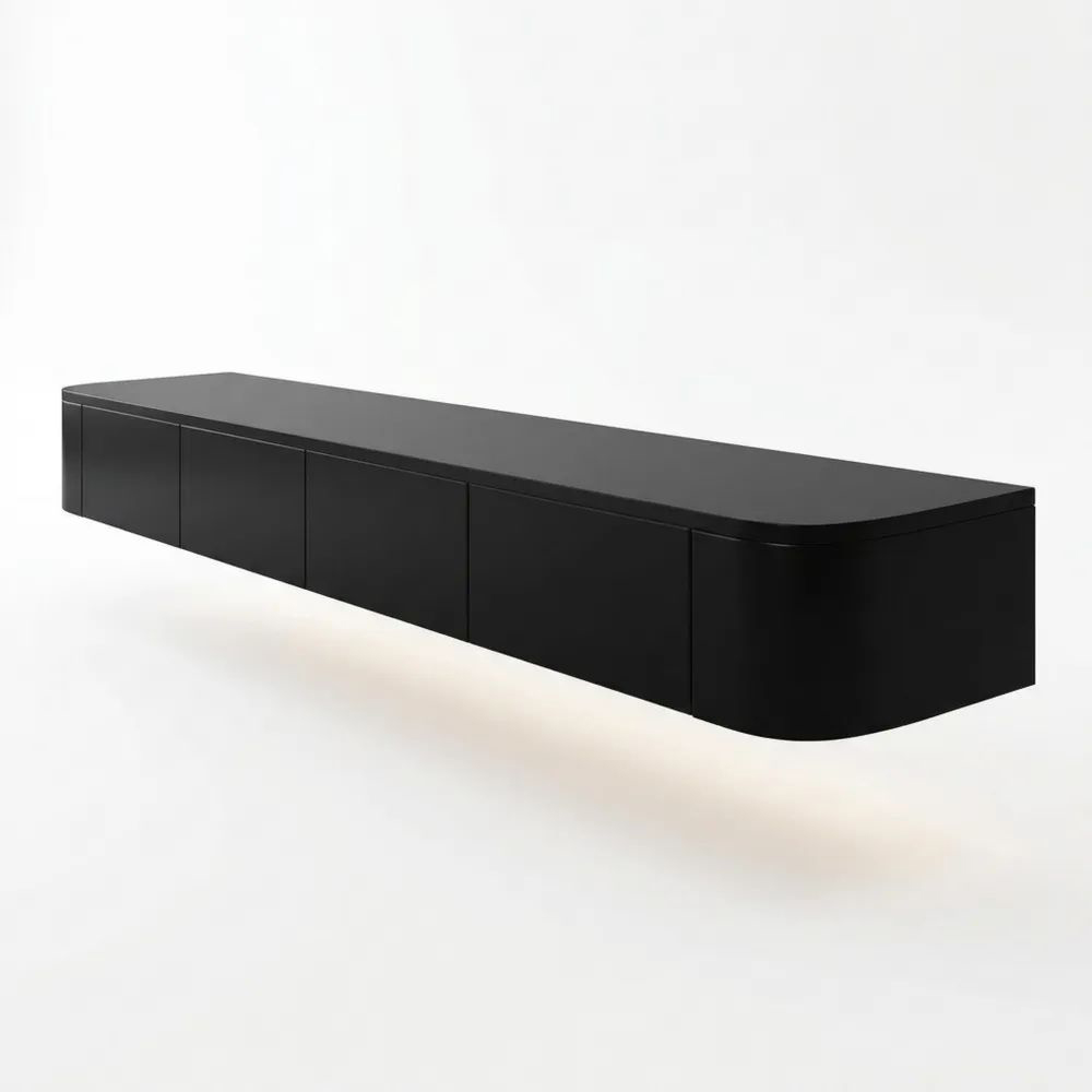 Schwebende TV-Wandkonsole mit LED, vielseitiger Stauraum, 140 cm, Schwarz