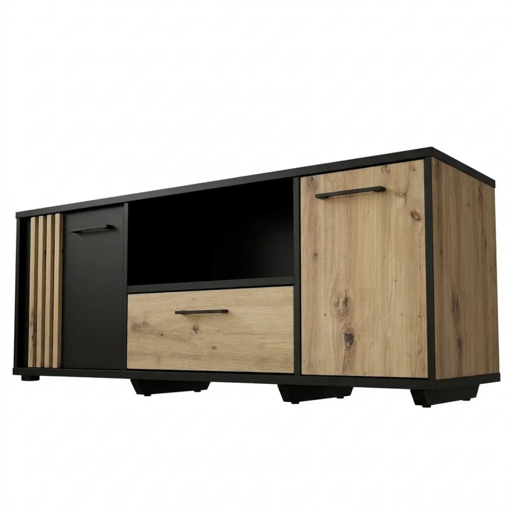 Moderner TV-Schrank mit Schublade, Eichenholzoptik, schwarz