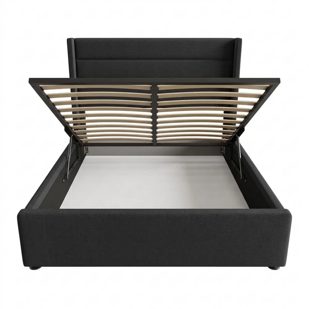 Hydraulisches Polsterbett mit Stauraum, 180x200cm, Holzlattenrost, Leinen in Grau