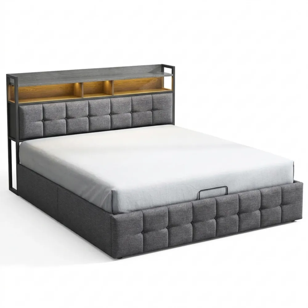 Modernes Polsterbett 160x200 cm mit LED und Stauraum, USB-C Ladefunktion