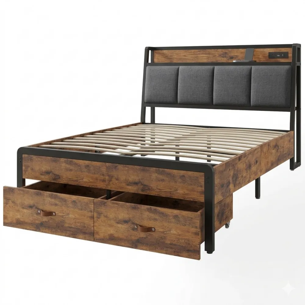 Metallbett 140x200 cm mit Lattenrost und Stauraum, inklusive Ladestation und Schubladen