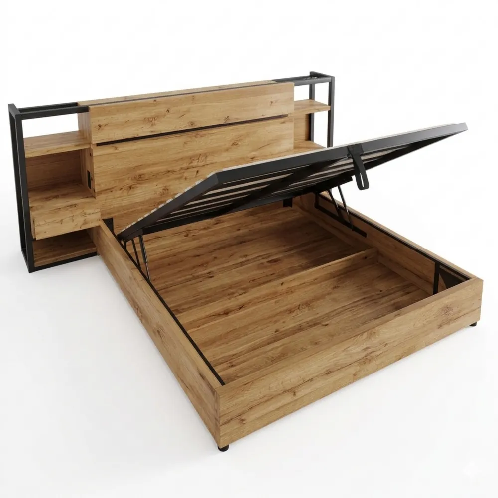 Doppelbett mit Stauraum und USB-Anschluss, Eiche, 180x200cm