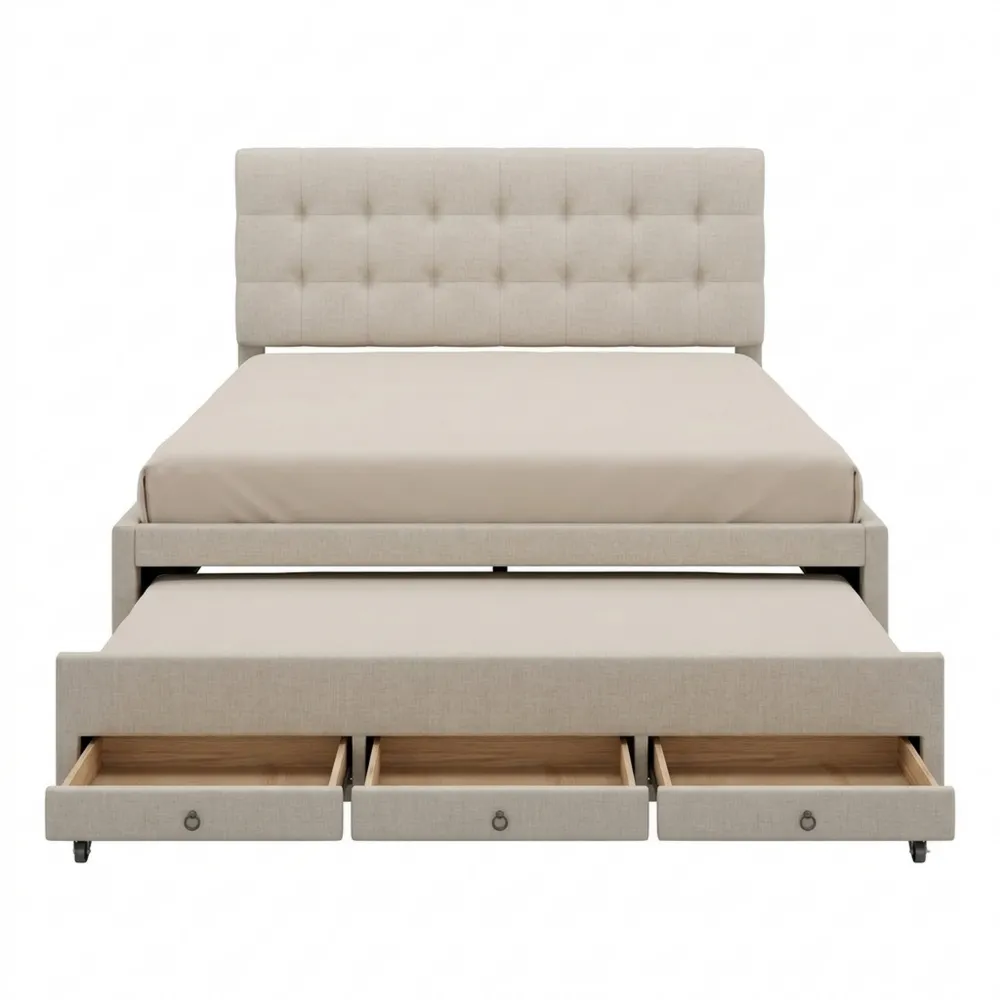 Bequemes Doppelbett mit Stauraum und verstellbarem Kopfteil, Leinen, ohne Matratze