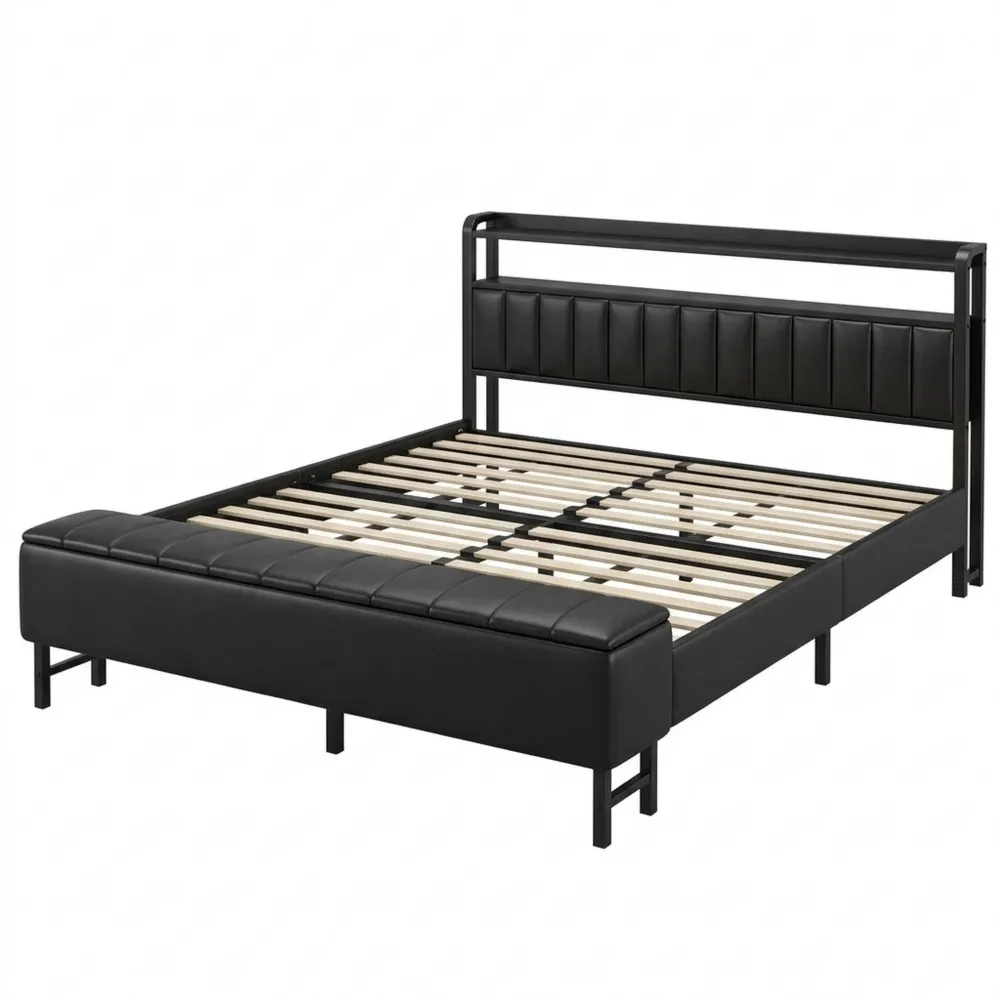 Modernes Polsterbett 180x200 cm mit LED und USB-Ladestation, schwarzes Bettgestell mit Kopfteil und Stauraum